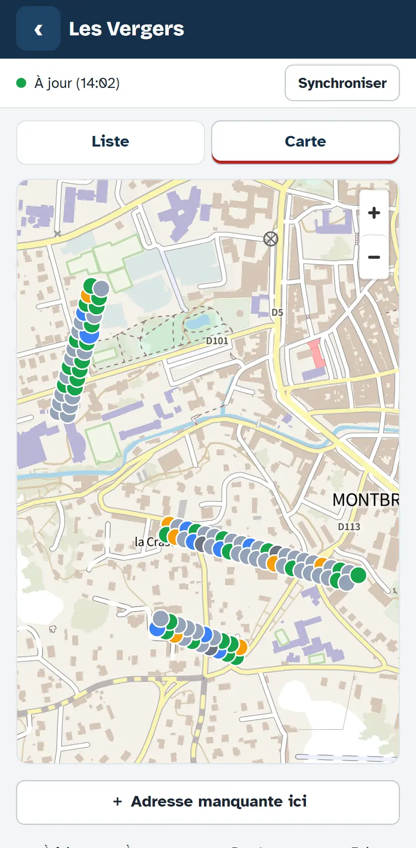 Téléphone d’un pompier : carte du secteur « Les Vergers », chaque adresse colorée selon son statut (fait, à faire, à repasser, rendez-vous).