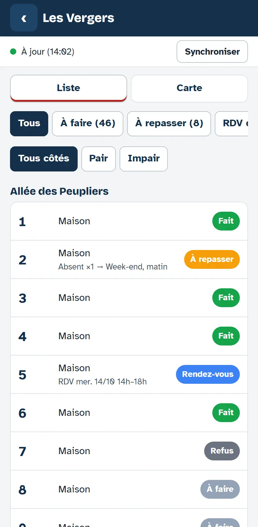 Téléphone d’un pompier : liste des maisons de l’allée des Peupliers avec filtres (tous, à faire, à repasser) et une pastille de statut par adresse : fait, à repasser, rendez-vous, refus, à faire.